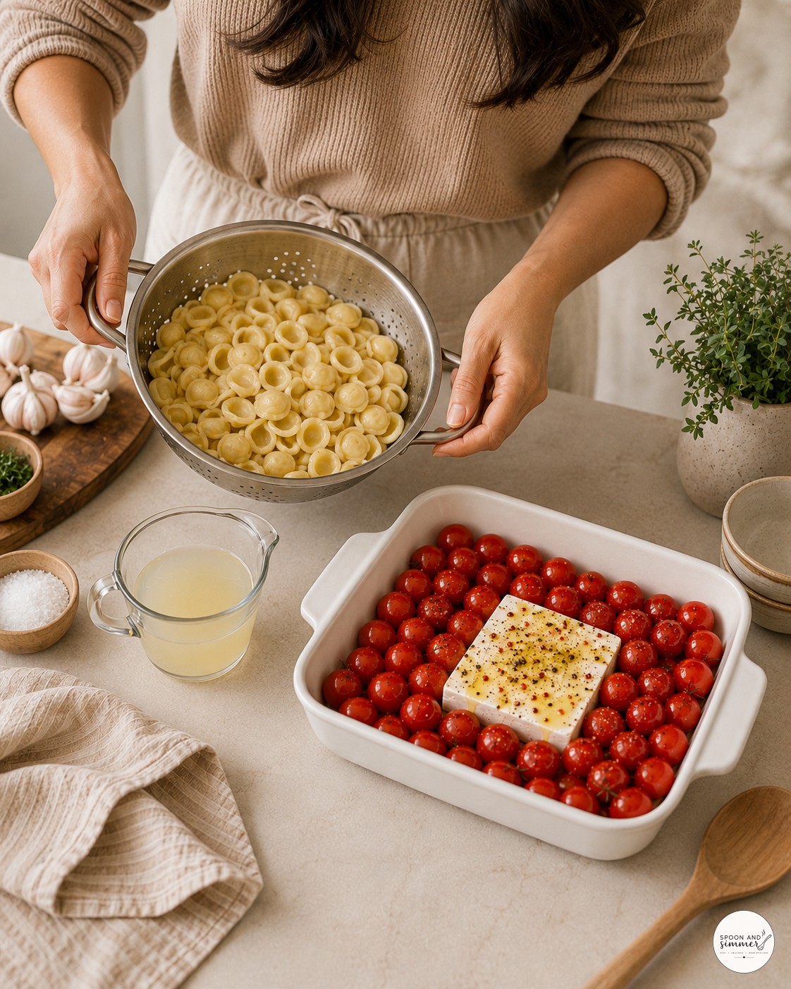 Draining orecchiette pasta and reserving pasta water for baked feta pasta with spinach