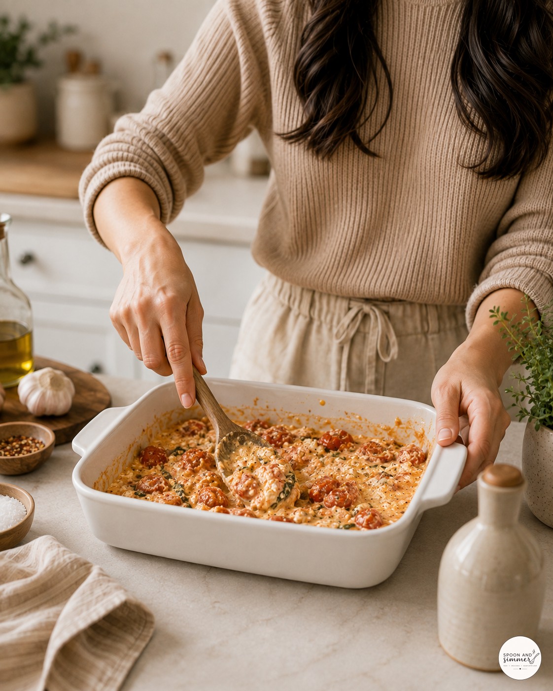 Mashing feta and roasted tomatoes into a creamy sauce for baked feta pasta with spinach