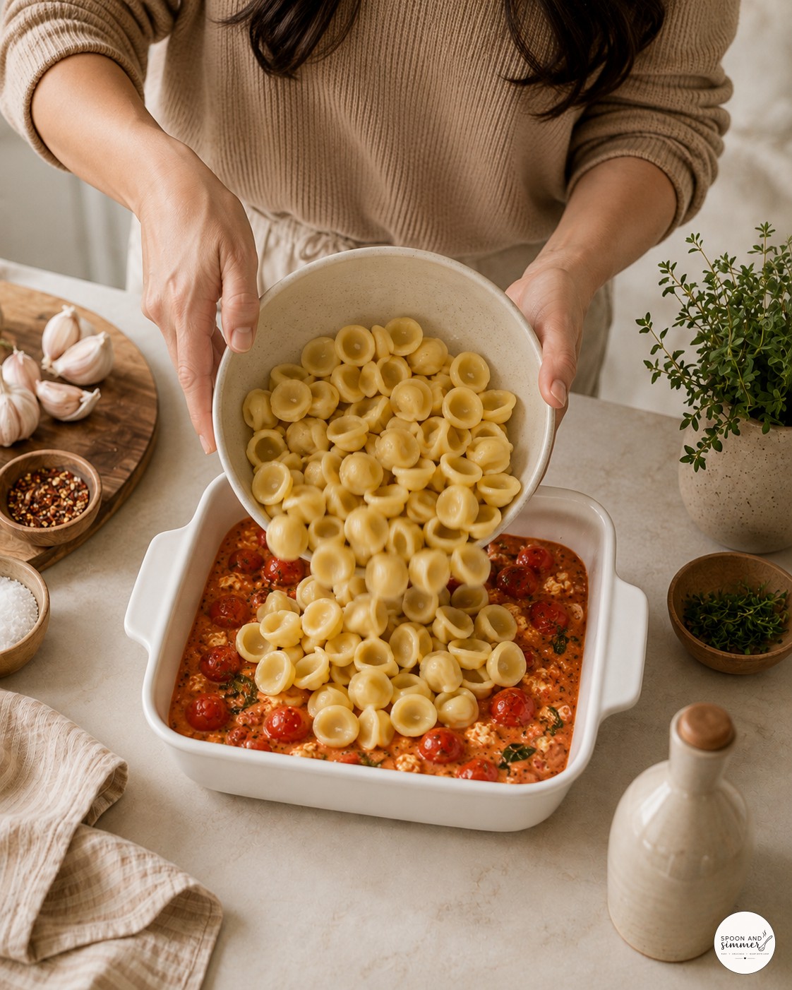Pouring cooked orecchiette pasta into the sauce for baked feta pasta with spinach