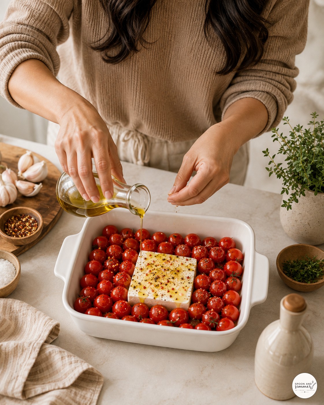 Pouring olive oil over cherry tomatoes and feta before roasting for baked feta pasta with spinach