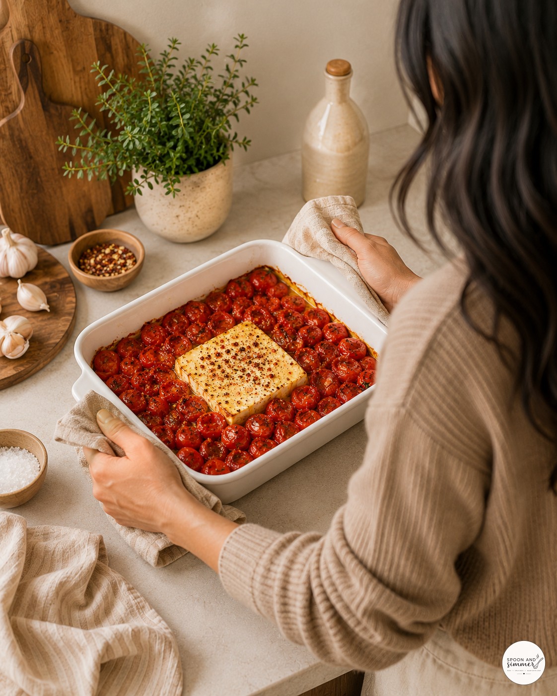 Removing the hot baking dish of roasted tomatoes and feta for baked feta pasta with spinach
