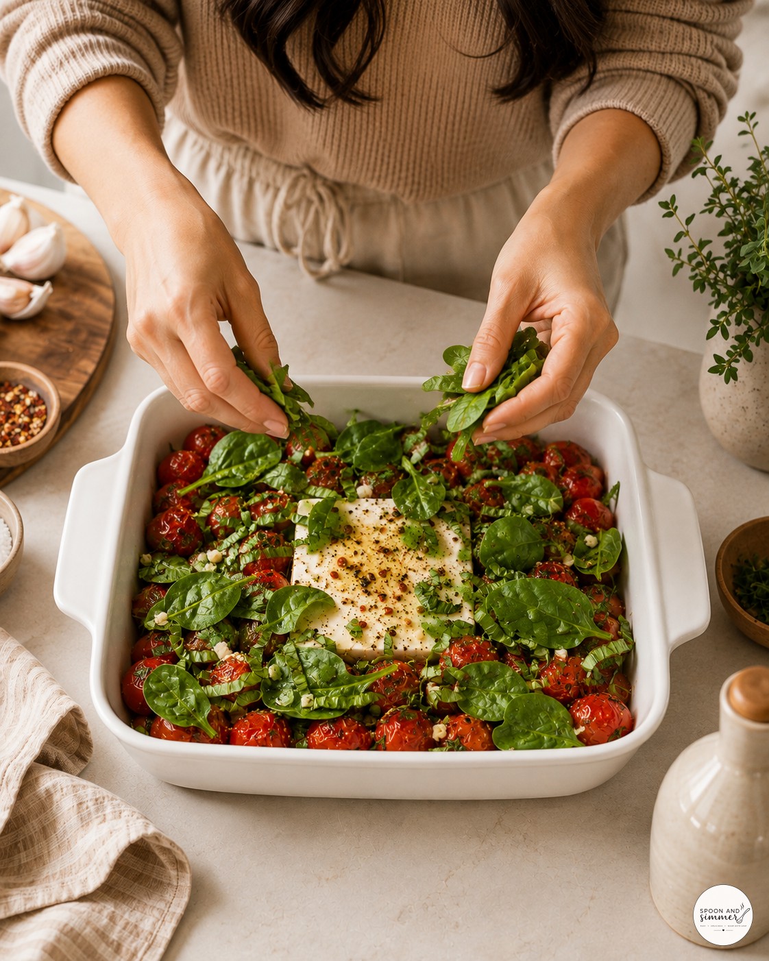 Scattering fresh baby spinach leaves over roasted tomatoes for baked feta pasta with spinach