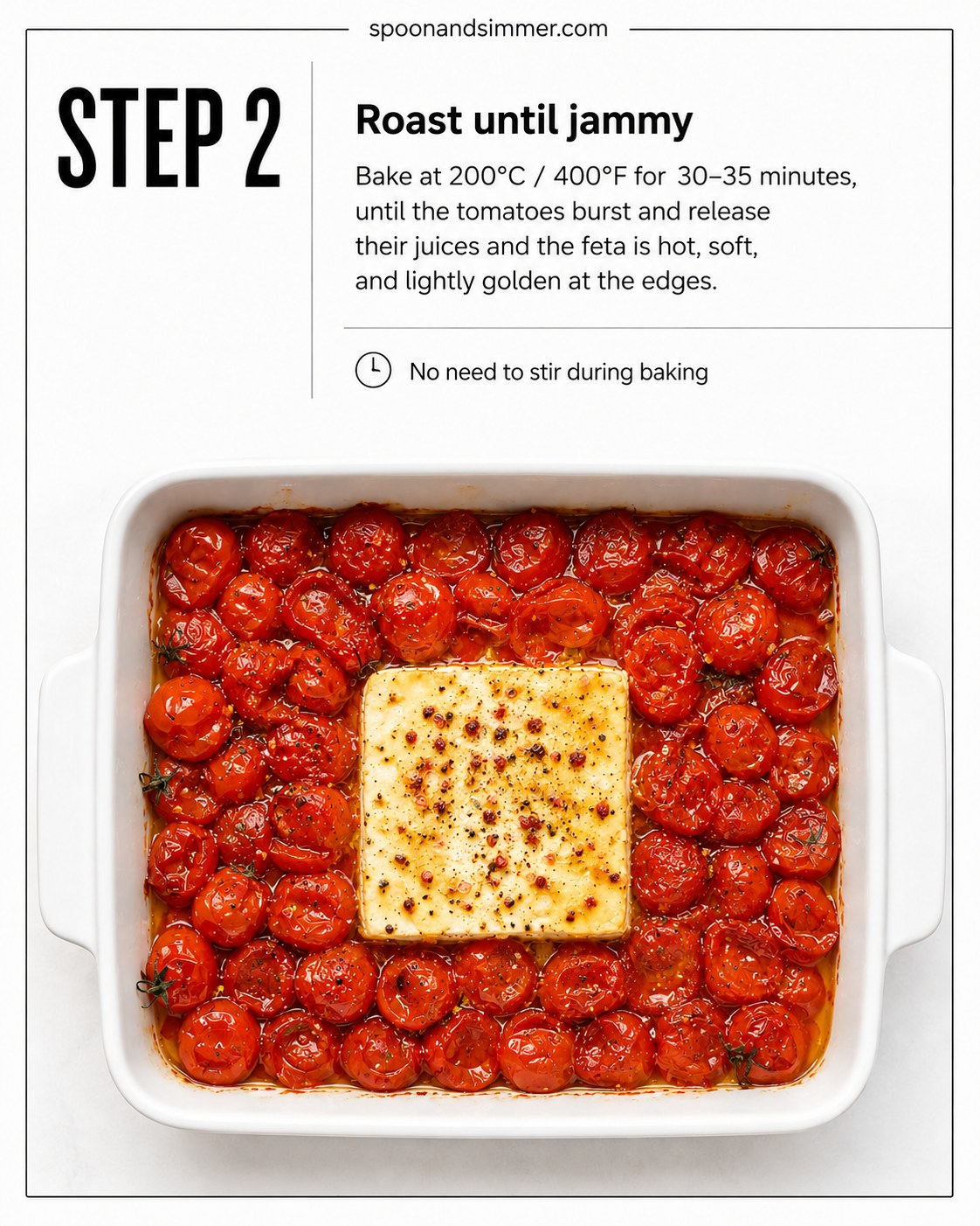 Baked feta pasta with spinach base with jammy burst tomatoes and golden softened feta cheese