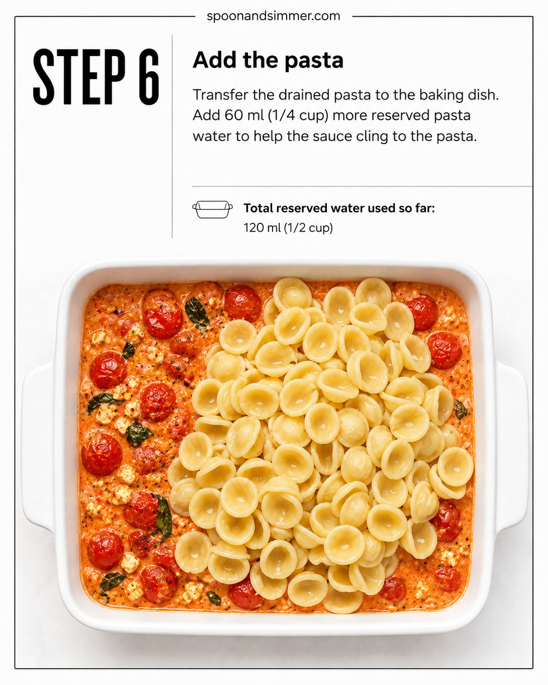 Drained orecchiette added on top of the sauce for baked feta pasta with spinach