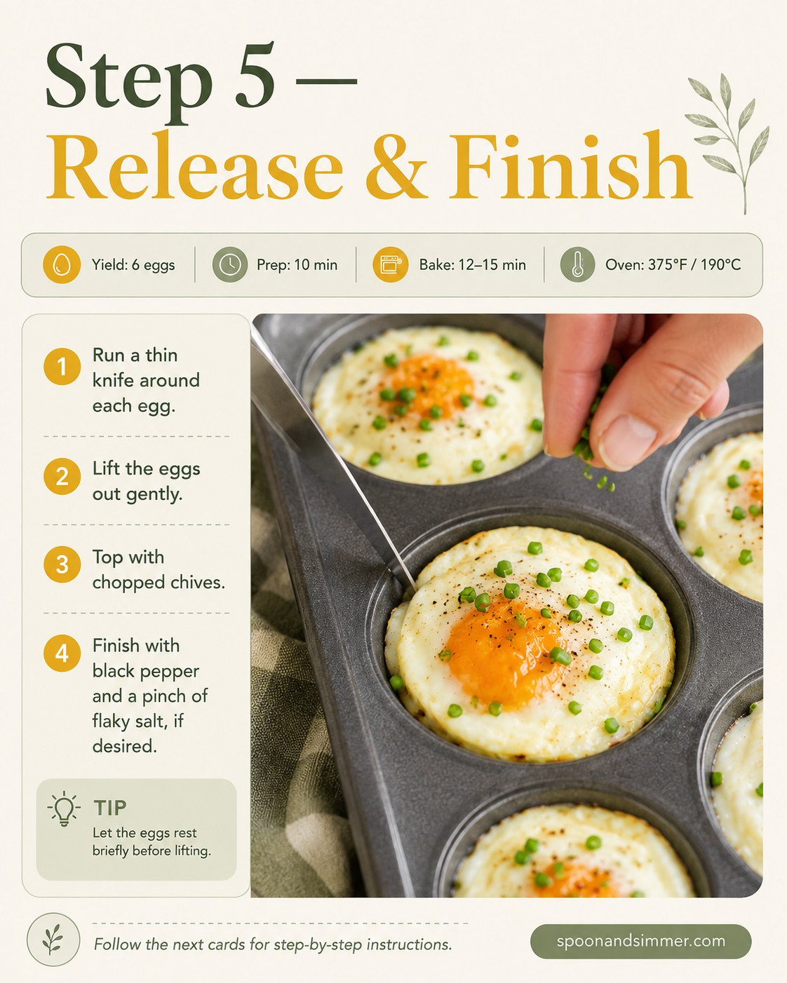 Lifting a finished baked French egg out of the muffin tin with a thin knife