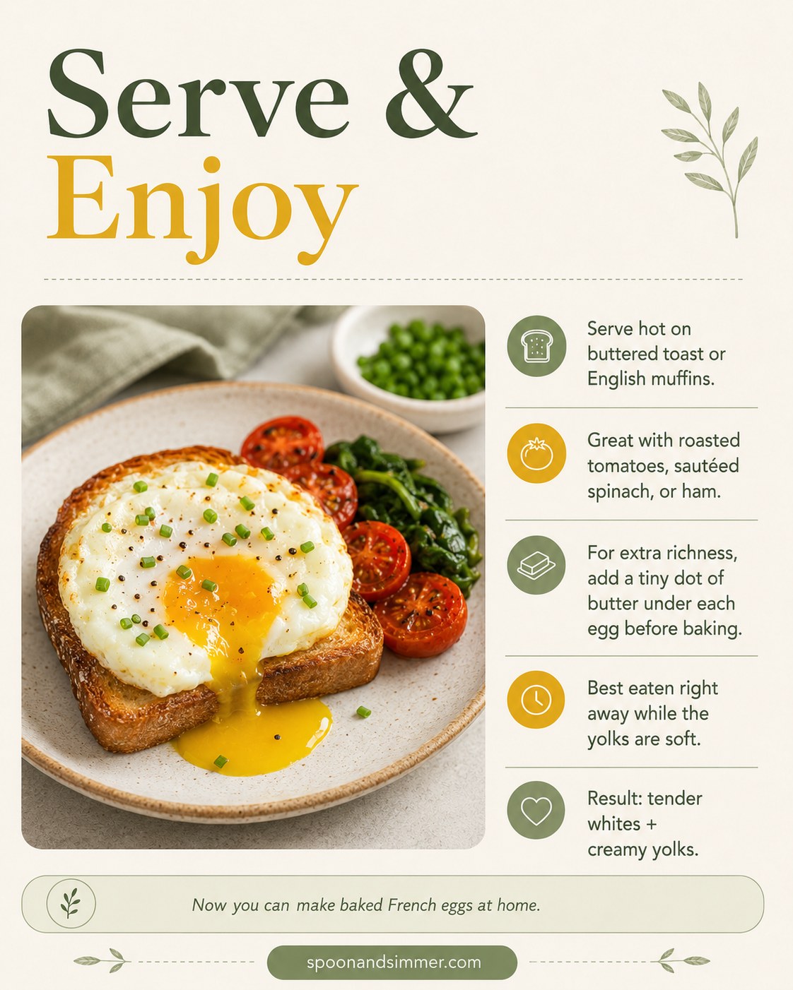 Baked French egg served on buttered toast with roasted cherry tomatoes on the side