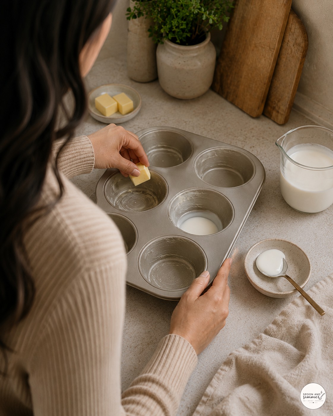 Buttering a metal muffin tin by hand while prepping to bake French eggs