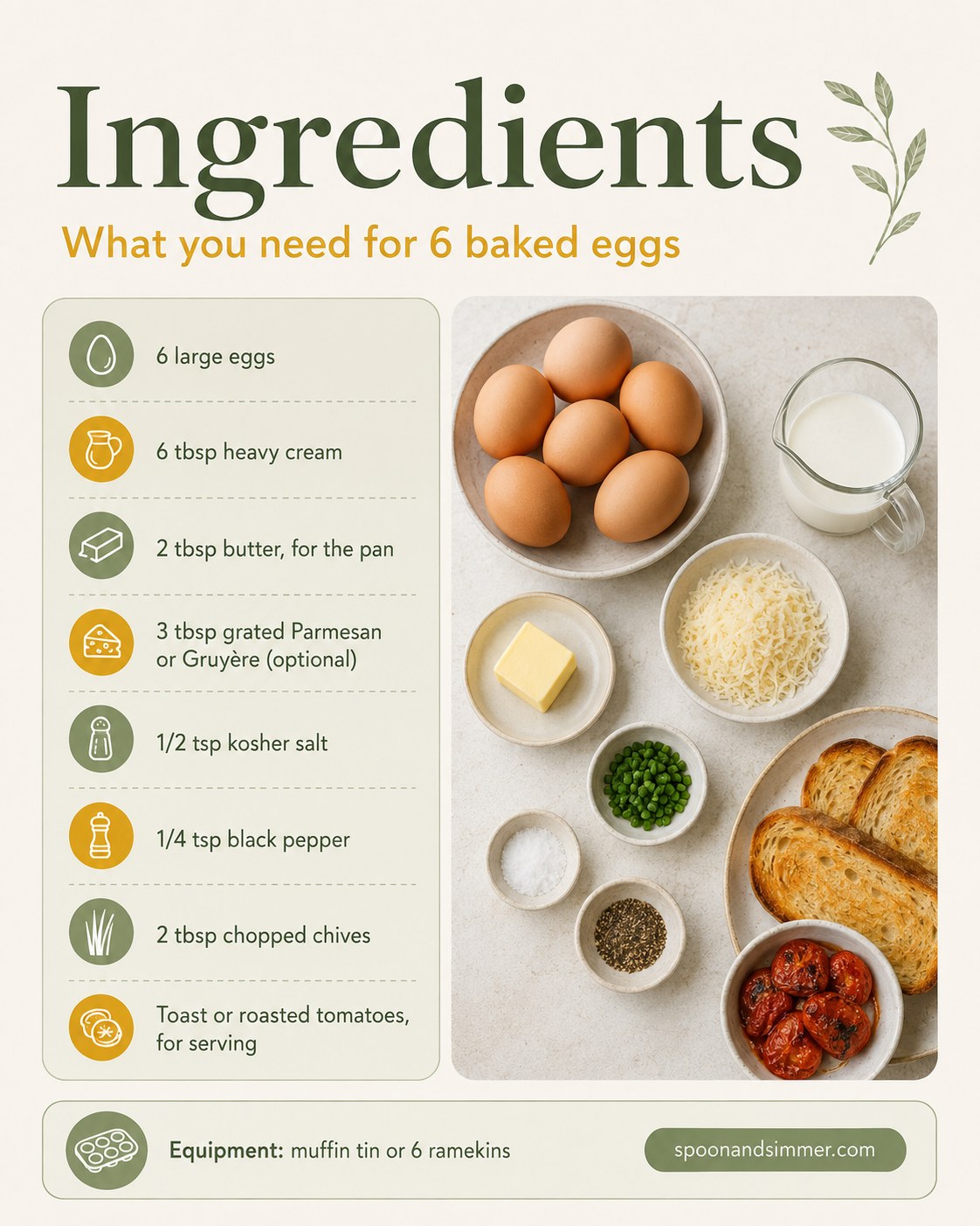Ingredients laid out for baked French eggs including eggs, cream, butter, and chives