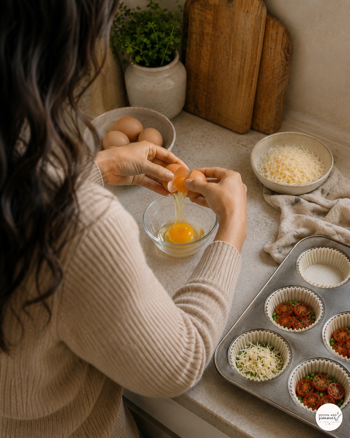 Cracking an egg over a muffin tin lined with roasted tomatoes for baked French eggs