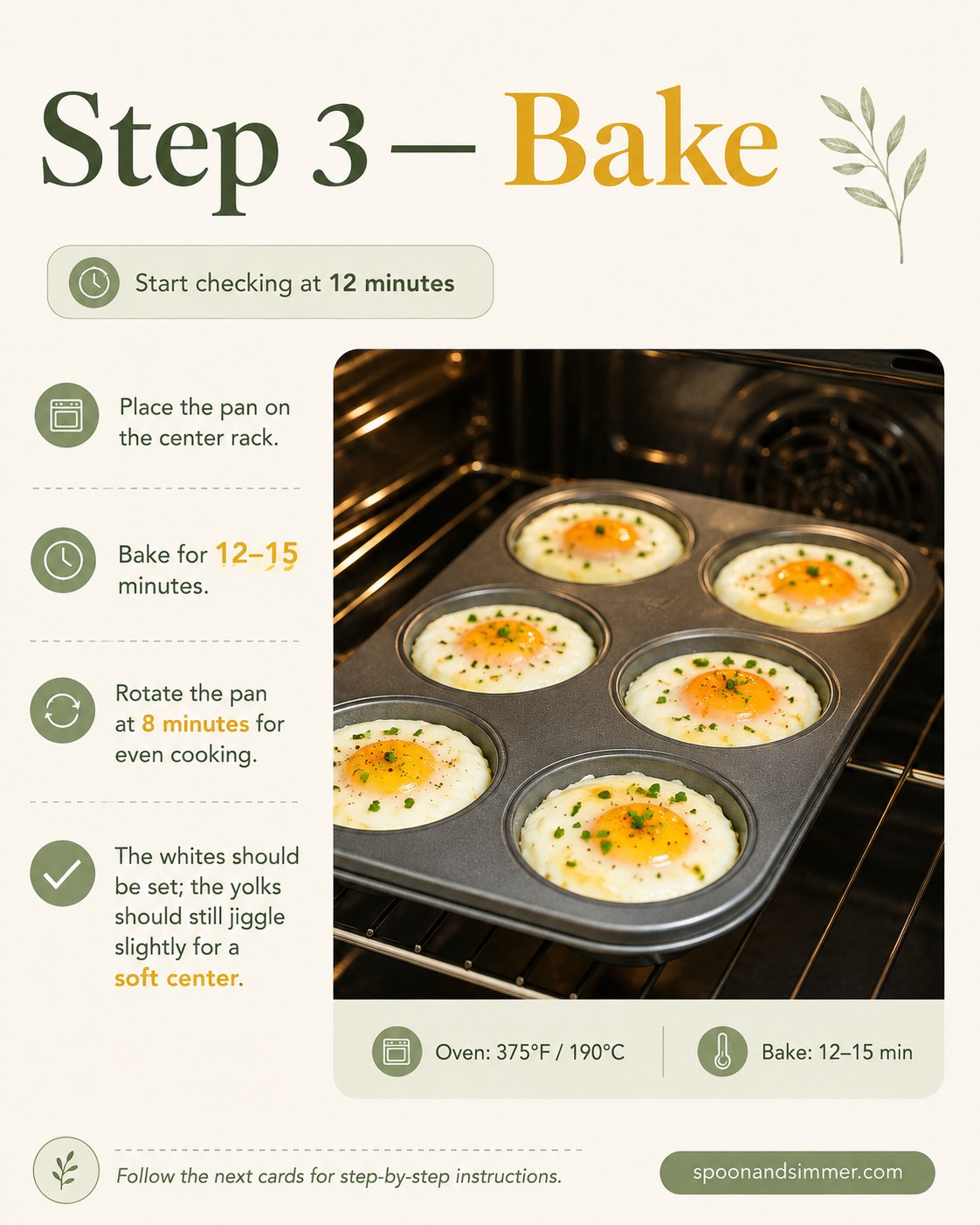 Muffin tin of baked French eggs cooking in the oven with set, golden edges