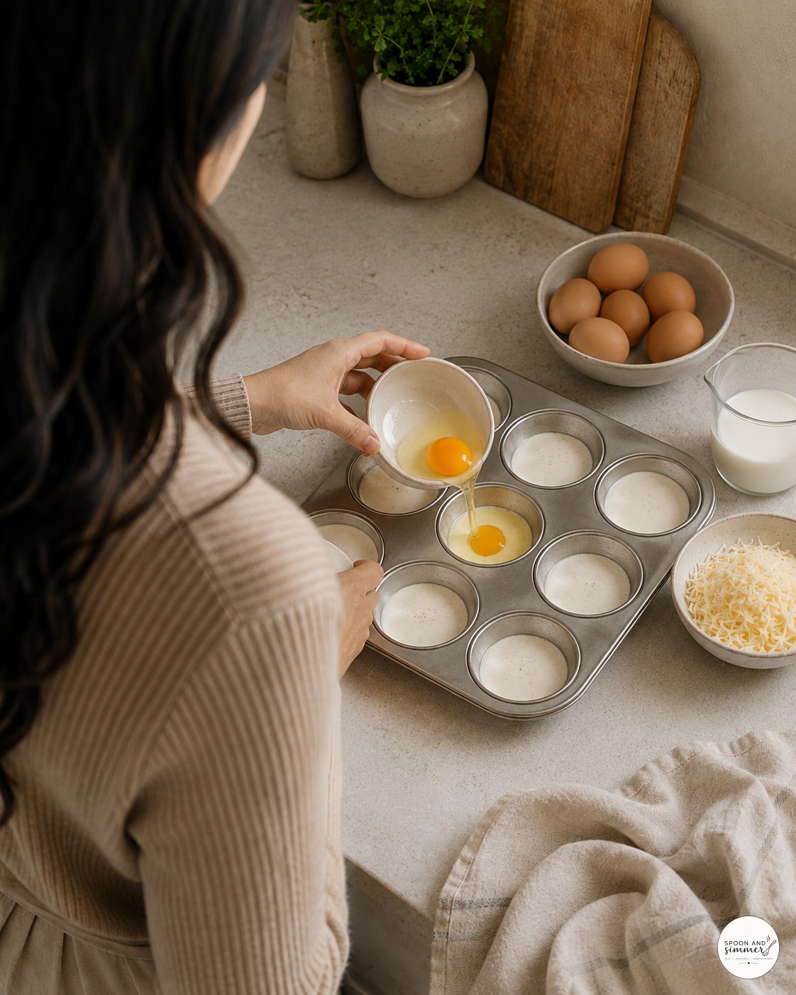 Pouring a cracked egg into a buttered muffin tin cup ready for baking