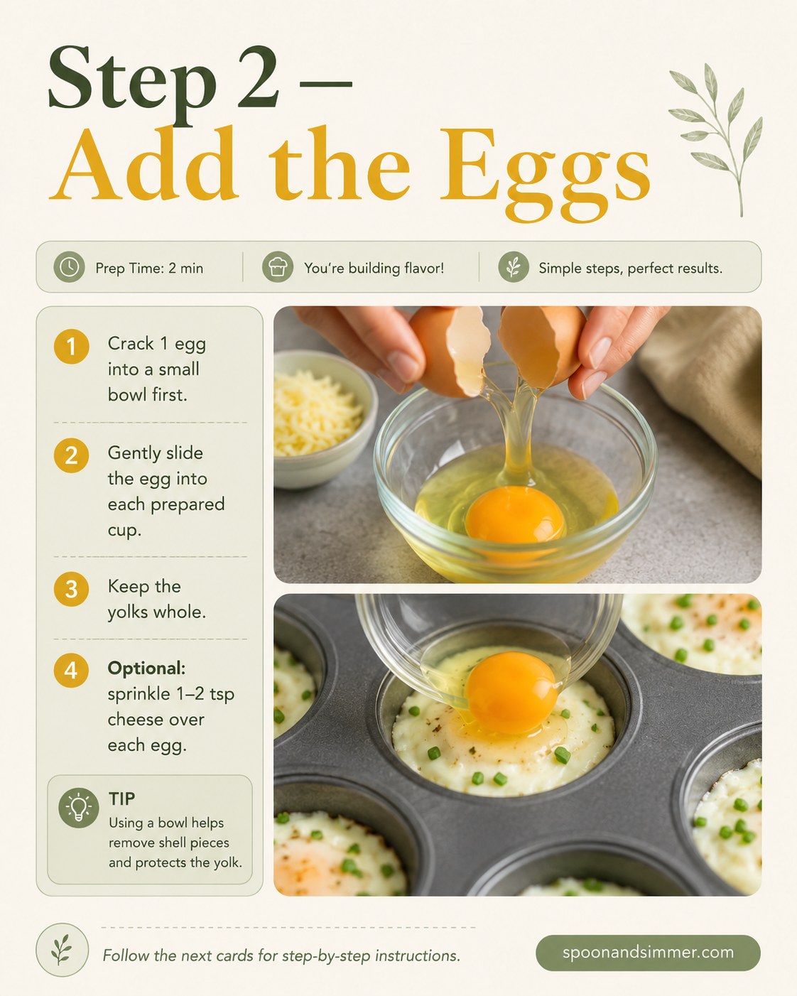 Cracking a whole egg into a buttered, cream-lined muffin cup for baked French eggs