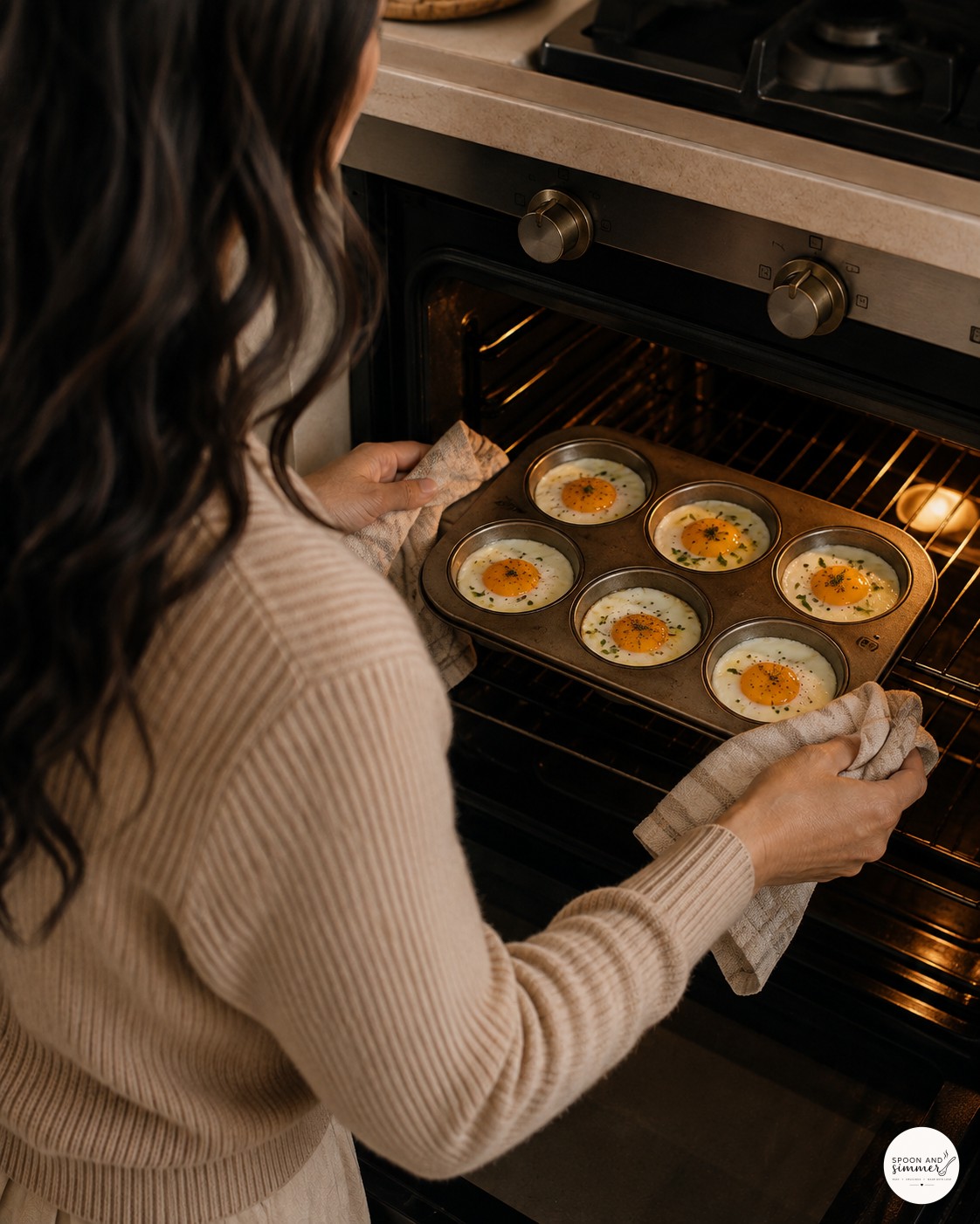Sliding a muffin tin of baked French eggs into a home oven with a kitchen towel