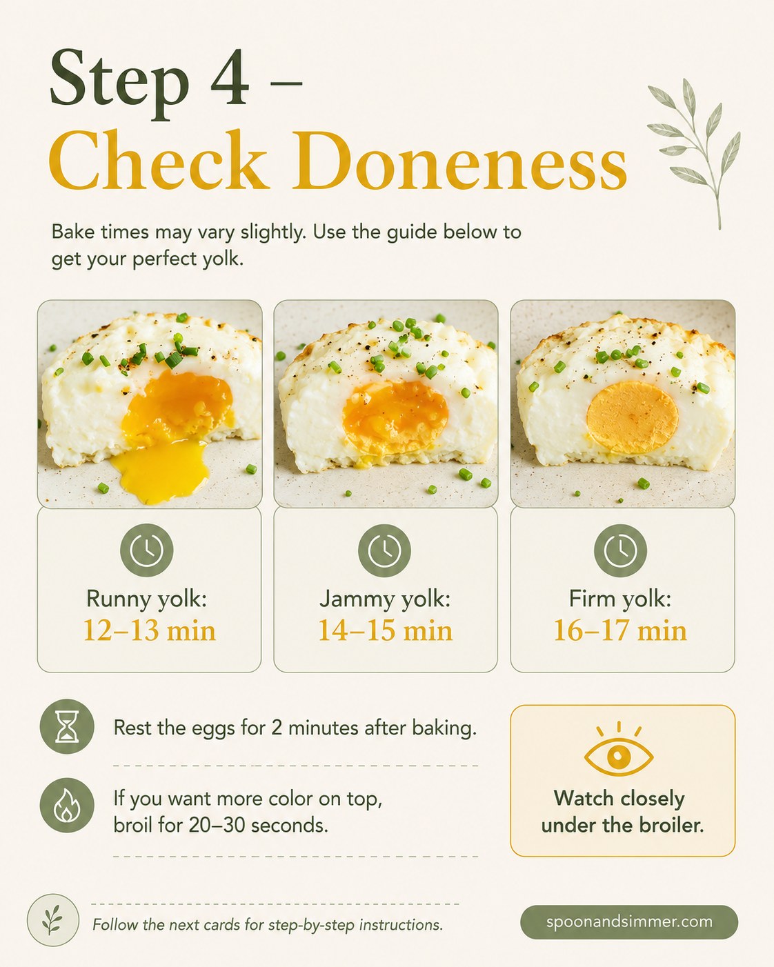 Three baked French eggs sliced open comparing runny, jammy, and firm yolks