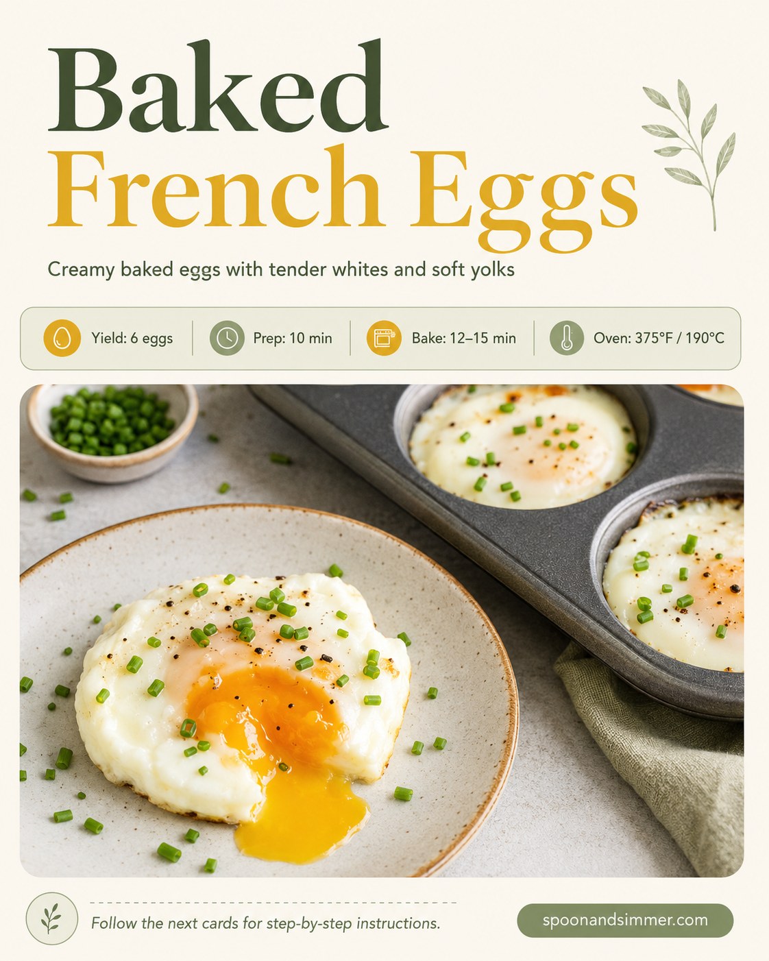 Baked French eggs plated on toast with a runny yolk beside the filled muffin tin