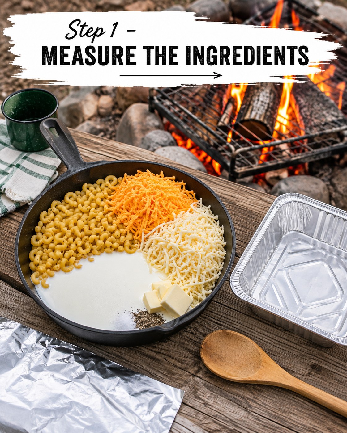 Raw elbow macaroni, milk, butter, and shredded cheese measured into a skillet for campfire mac and cheese