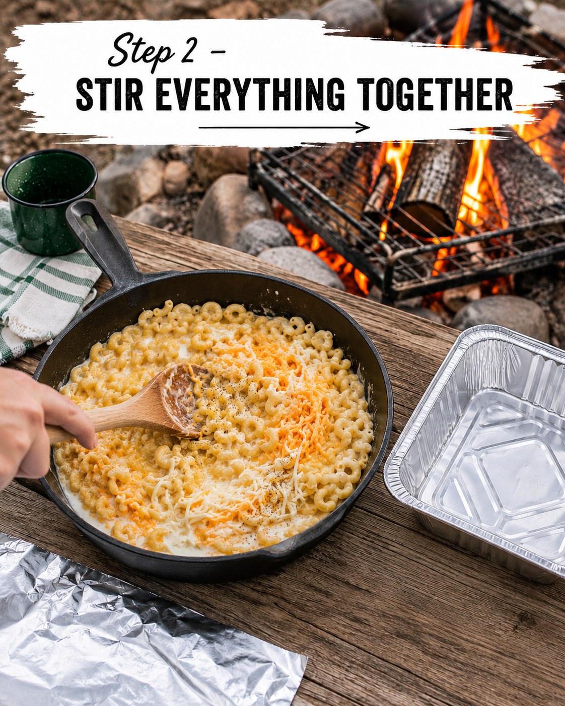 Stirring campfire mac and cheese together in a cast iron skillet beside the open fire