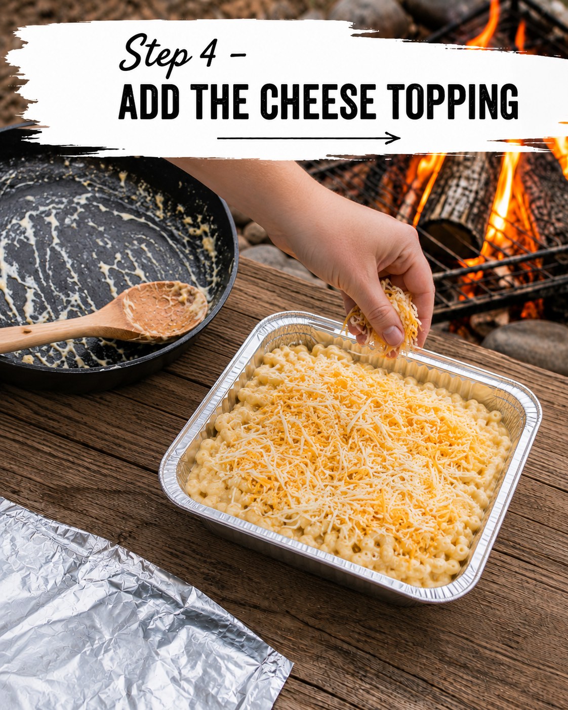 Sprinkling extra shredded cheddar over campfire mac and cheese before it goes on the fire