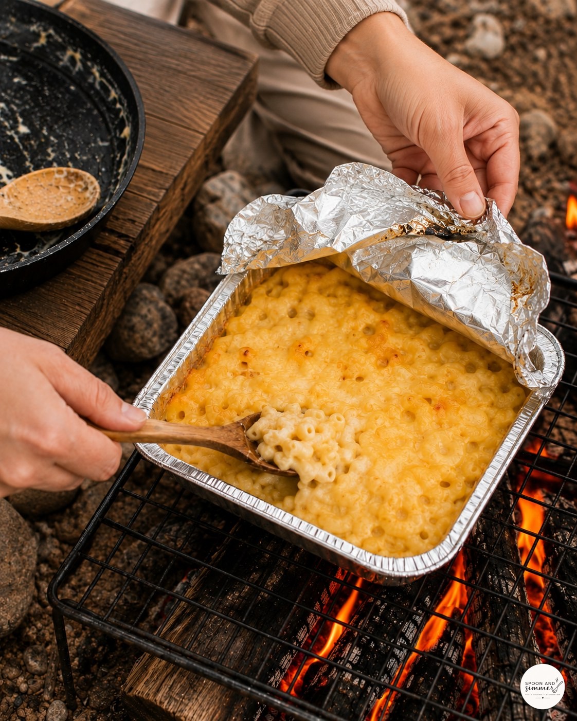 Lifting the foil to check the melted cheese on campfire mac and cheese over glowing coals