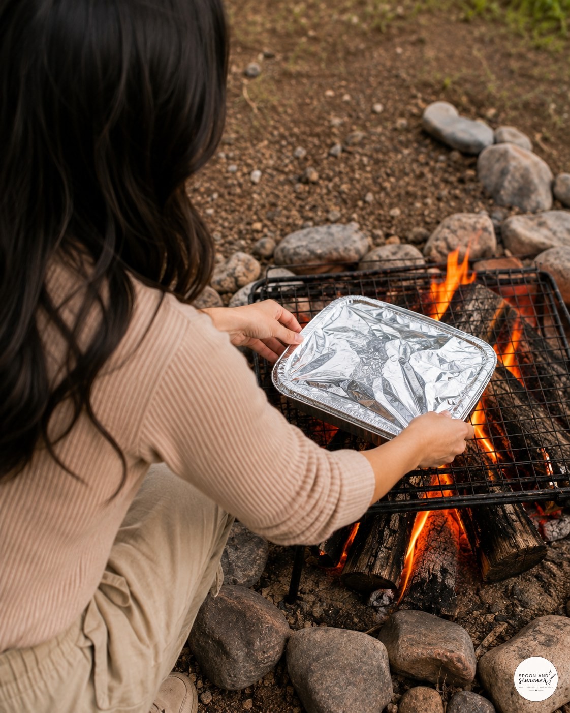 Placing a foil-covered pan of campfire mac and cheese onto the grate over an open fire