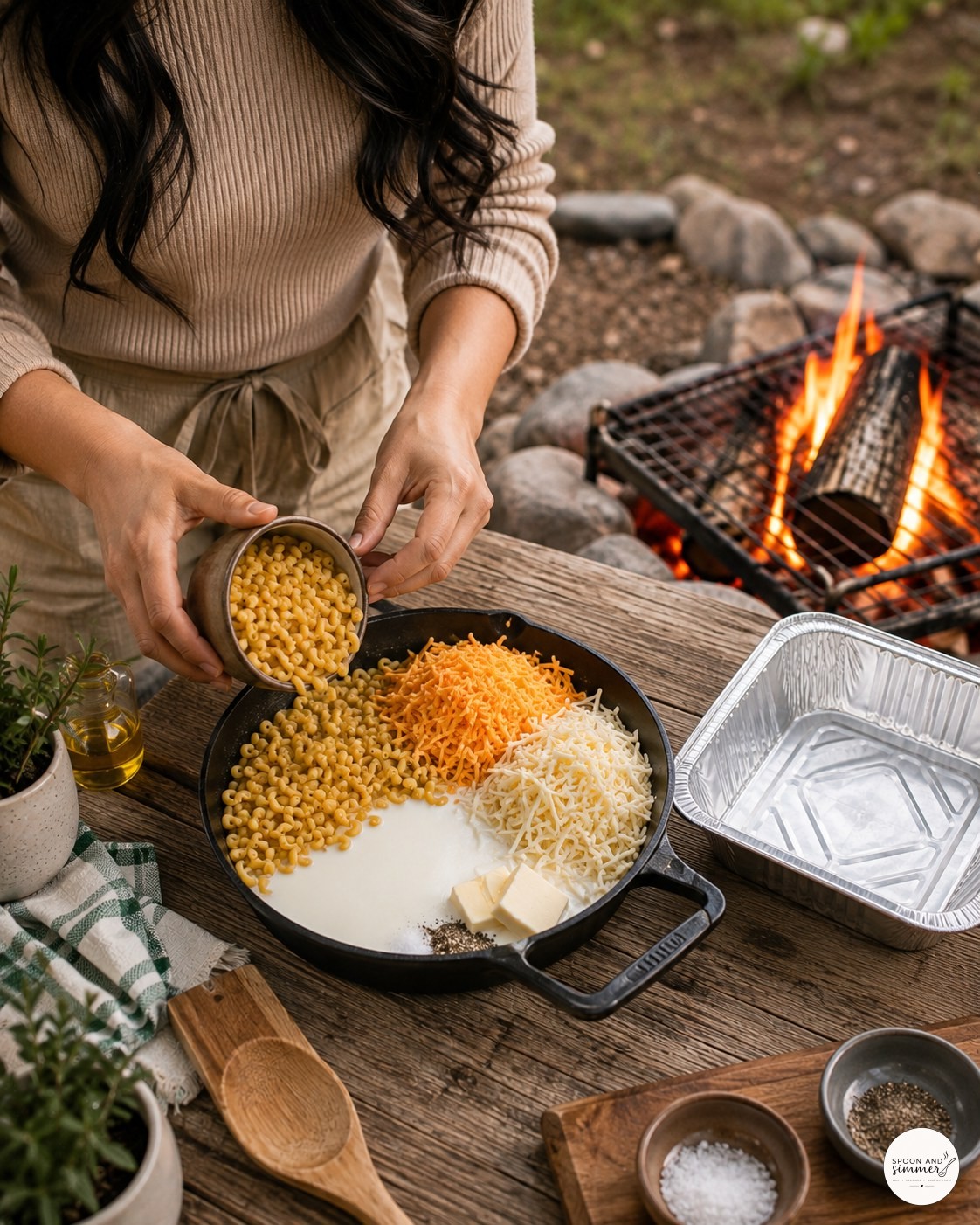Pouring dry macaroni into a cast iron skillet while preparing campfire mac and cheese outdoors