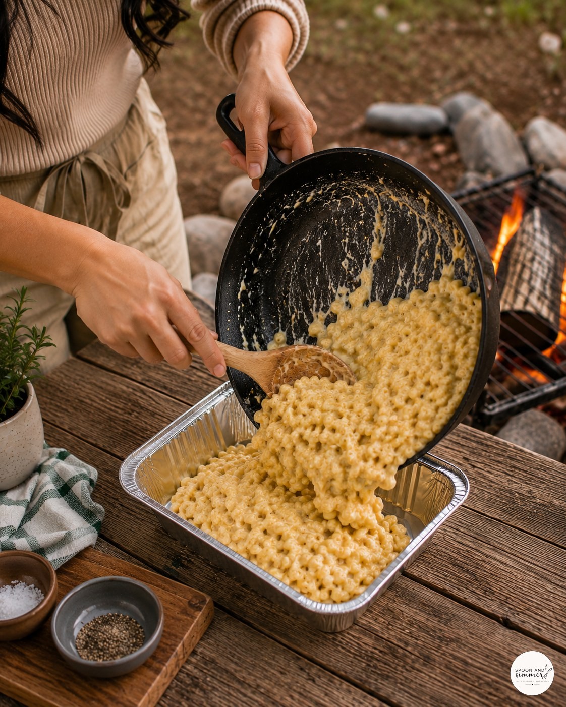 Scraping thick campfire mac and cheese from a skillet into a foil pan at a campsite