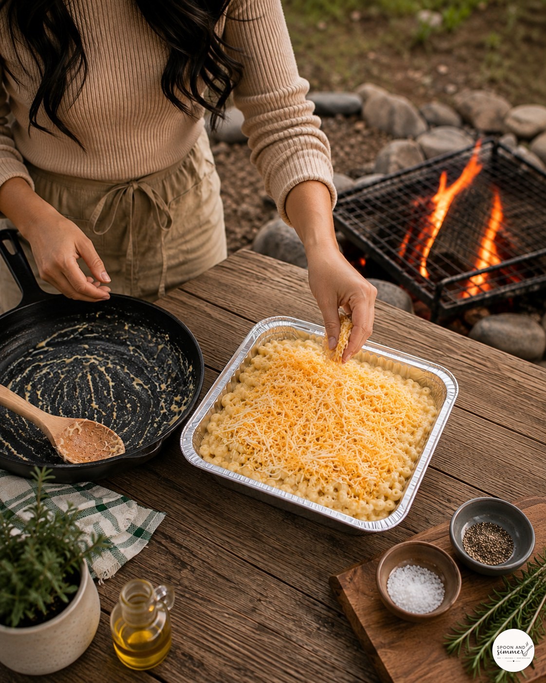 Sprinkling shredded cheese topping onto campfire mac and cheese by hand at an outdoor fire pit