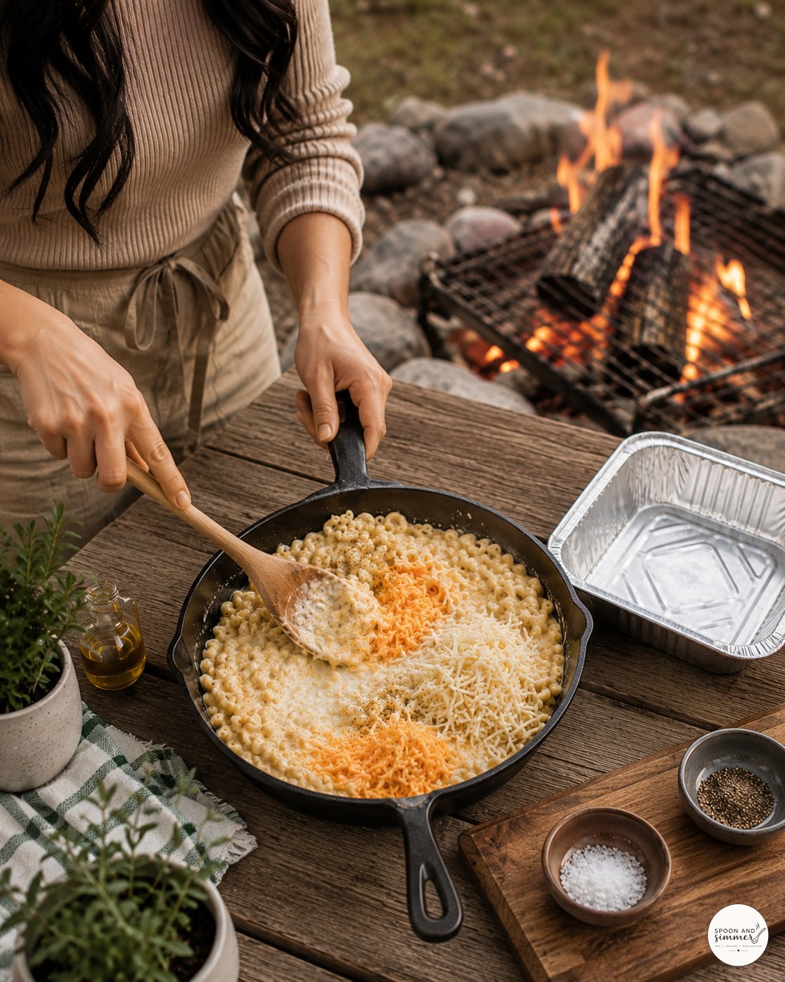 Stirring a cast iron skillet of campfire mac and cheese with a wooden spoon near the fire pit