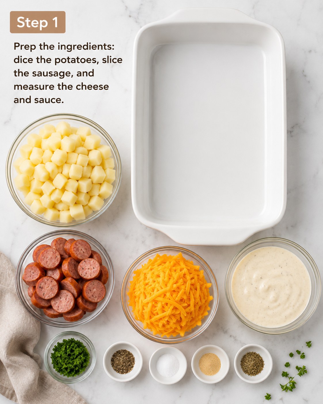 Diced potatoes, sliced sausage, shredded cheddar and sauce laid out for cheesy potato sausage casserole
