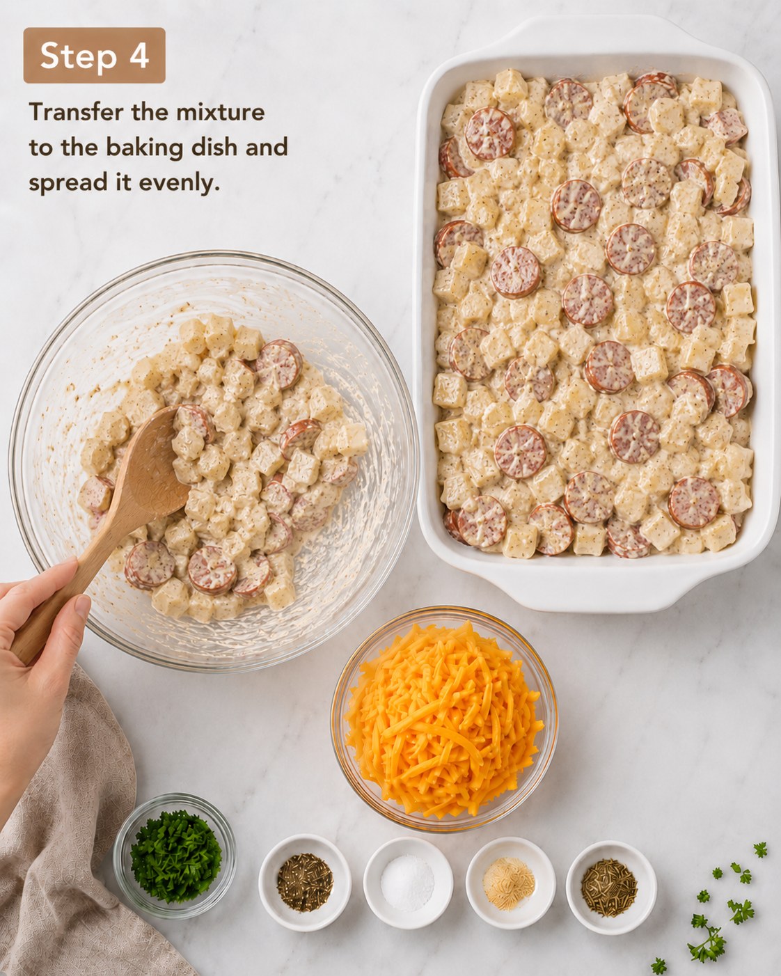 Cheesy potato sausage casserole mixture spread evenly into a white baking dish