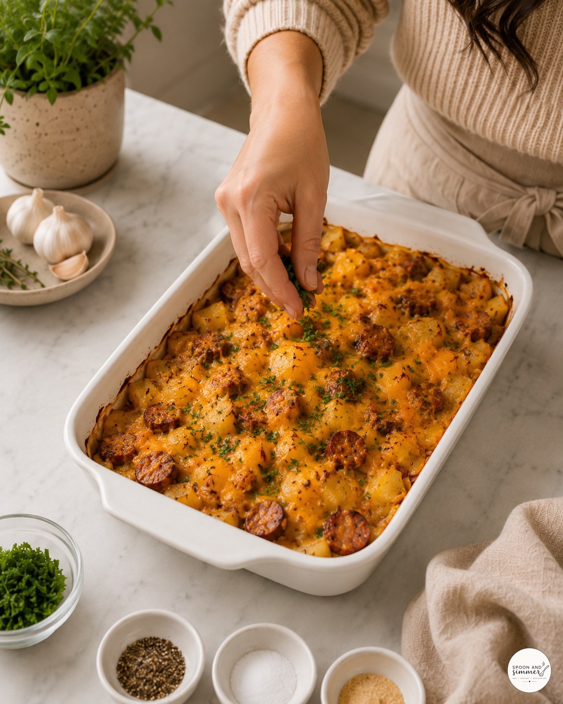 Adding fresh parsley garnish to a golden baked cheesy potato sausage casserole