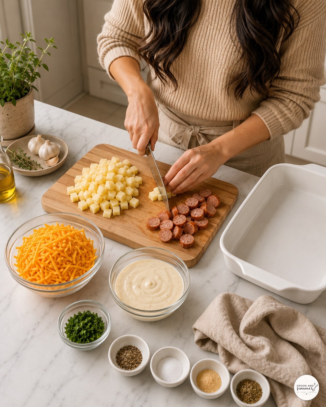 Home cook dicing potatoes and slicing sausage on a wood board for cheesy potato sausage casserole