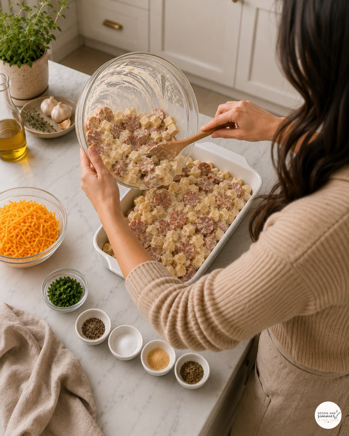 Scraping potato sausage casserole mixture from a glass bowl into a white ceramic baking dish