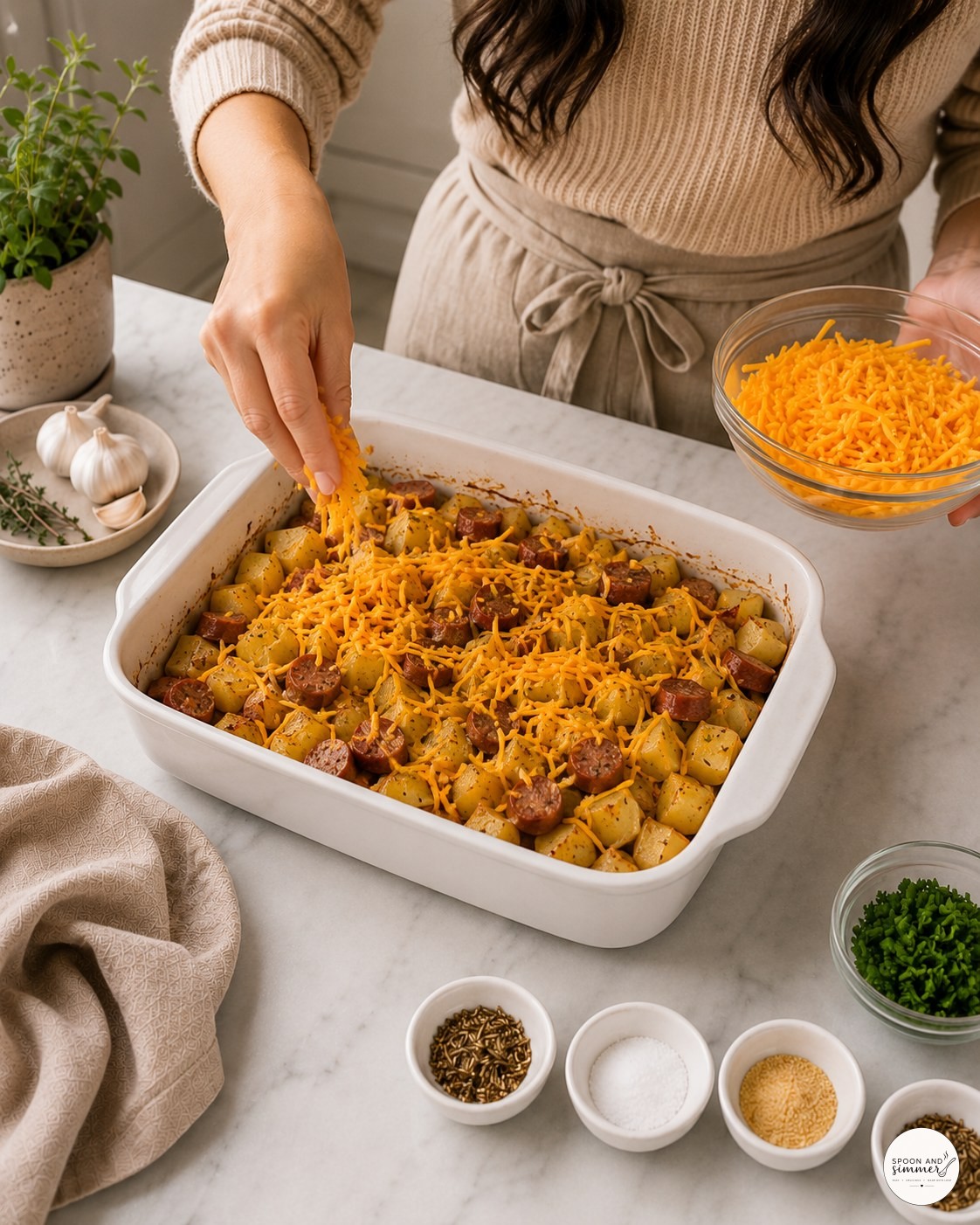 Sprinkling shredded cheddar cheese over baked potatoes and sausage before the final bake