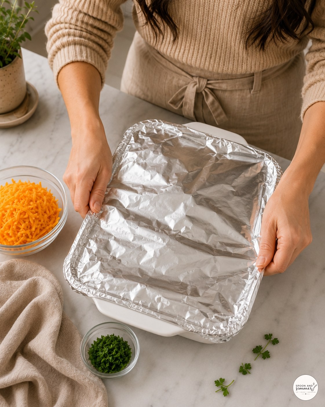 Tenting foil loosely over a baking dish before covering a cheesy potato sausage casserole