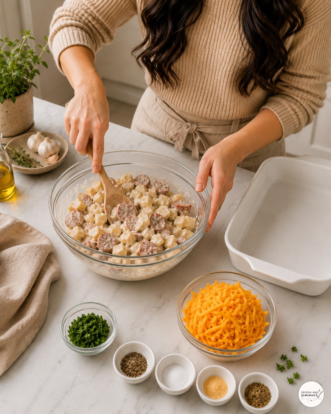 Wooden spoon folding creamy sauce through potatoes and sausage for cheesy potato sausage casserole