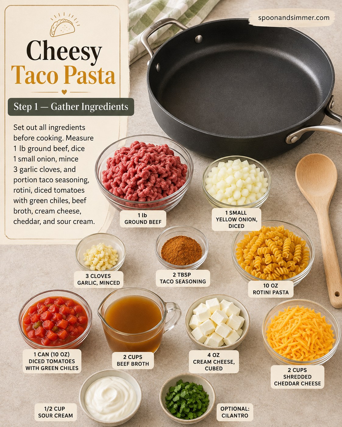Ingredients for cheesy taco pasta measured into bowls including beef, rotini and cheddar