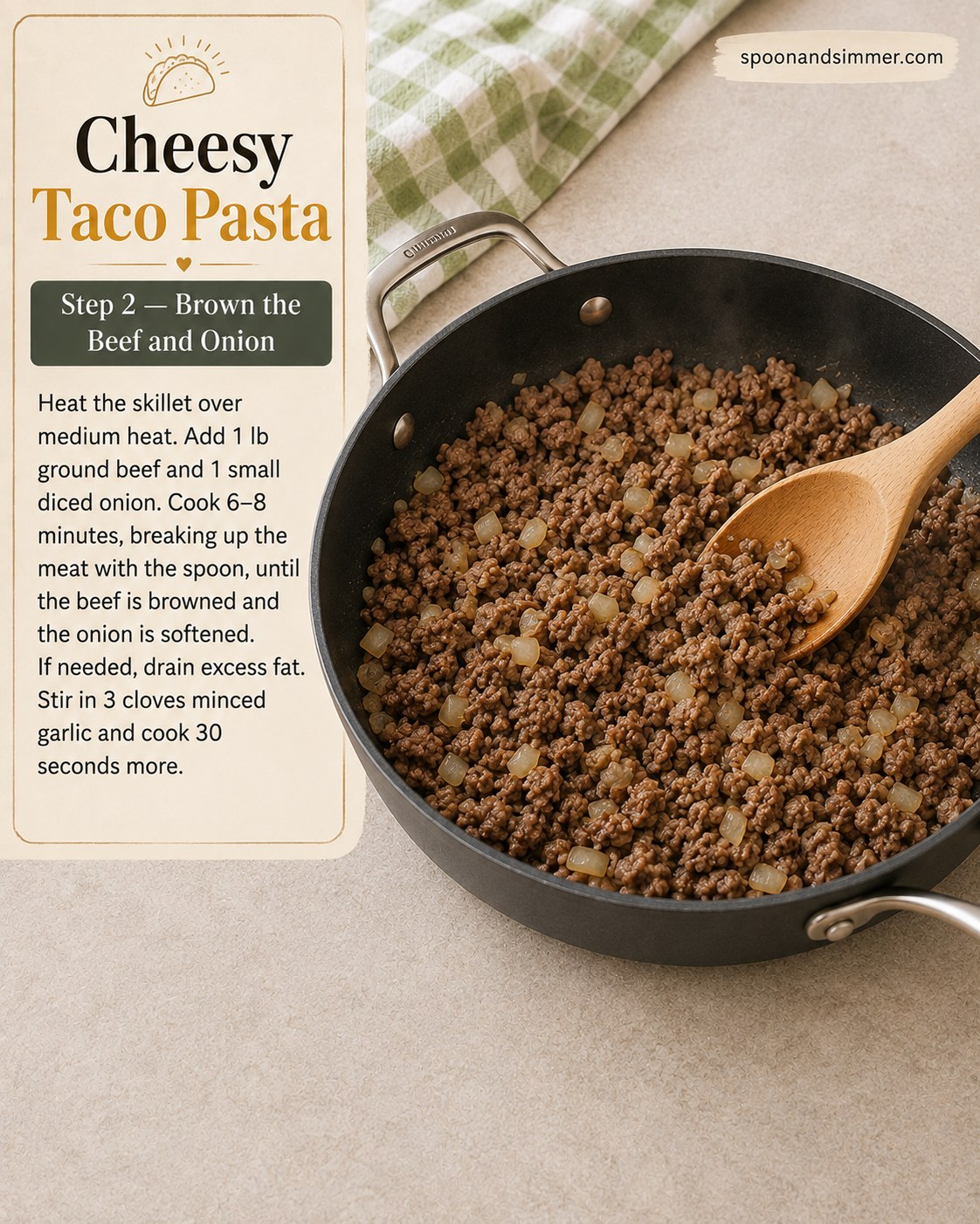 Ground beef and diced onion browning in a skillet for cheesy taco pasta