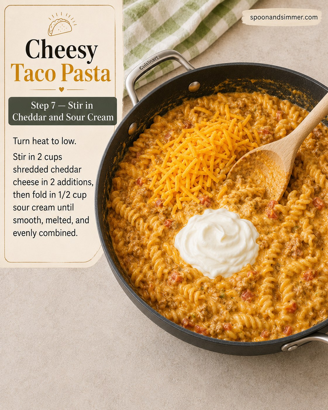 Shredded cheddar and sour cream stirred into the skillet for cheesy taco pasta