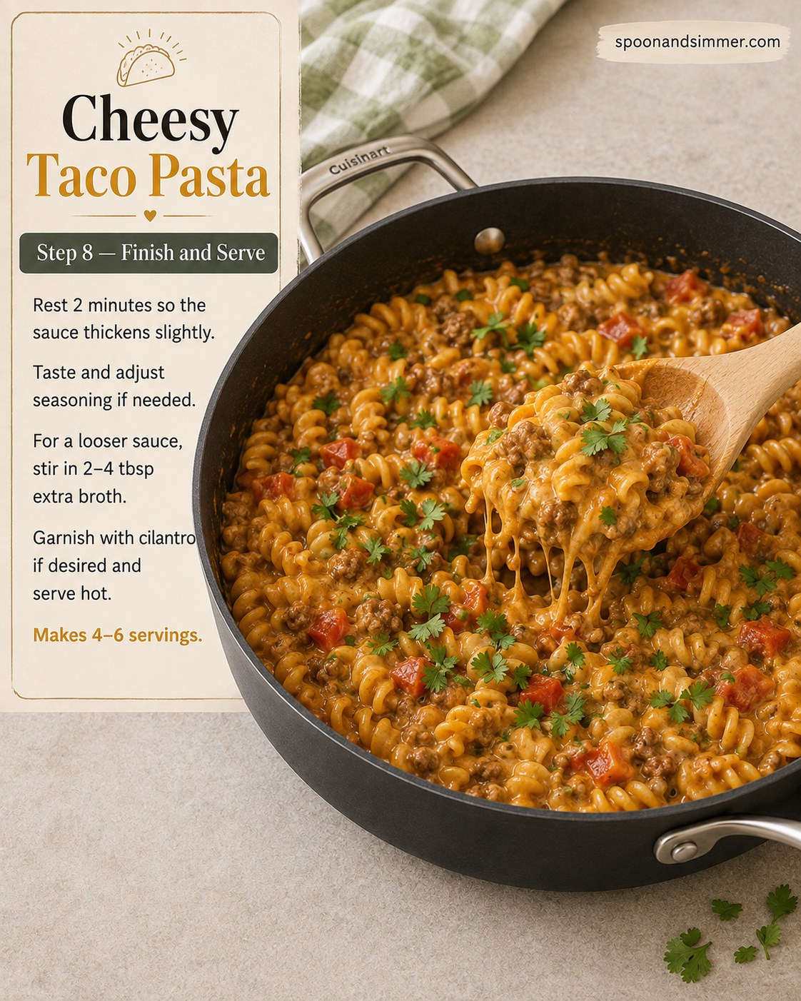 Finished cheesy taco pasta garnished with cilantro and served from the skillet
