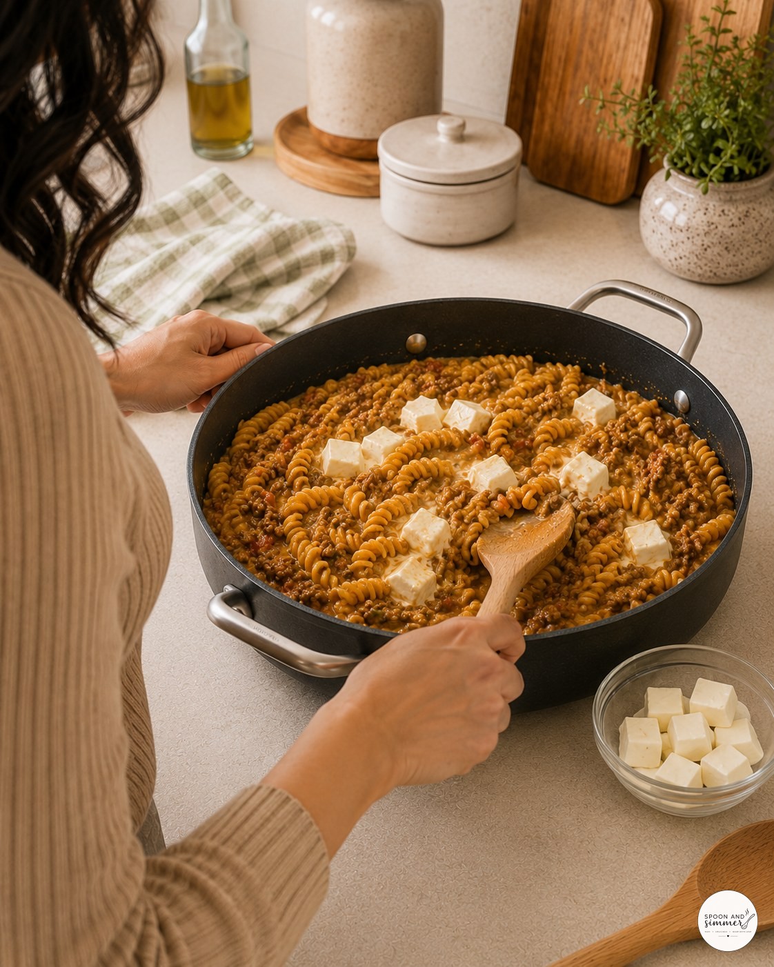 Cubed cream cheese arranged over cooked taco pasta before melting into sauce