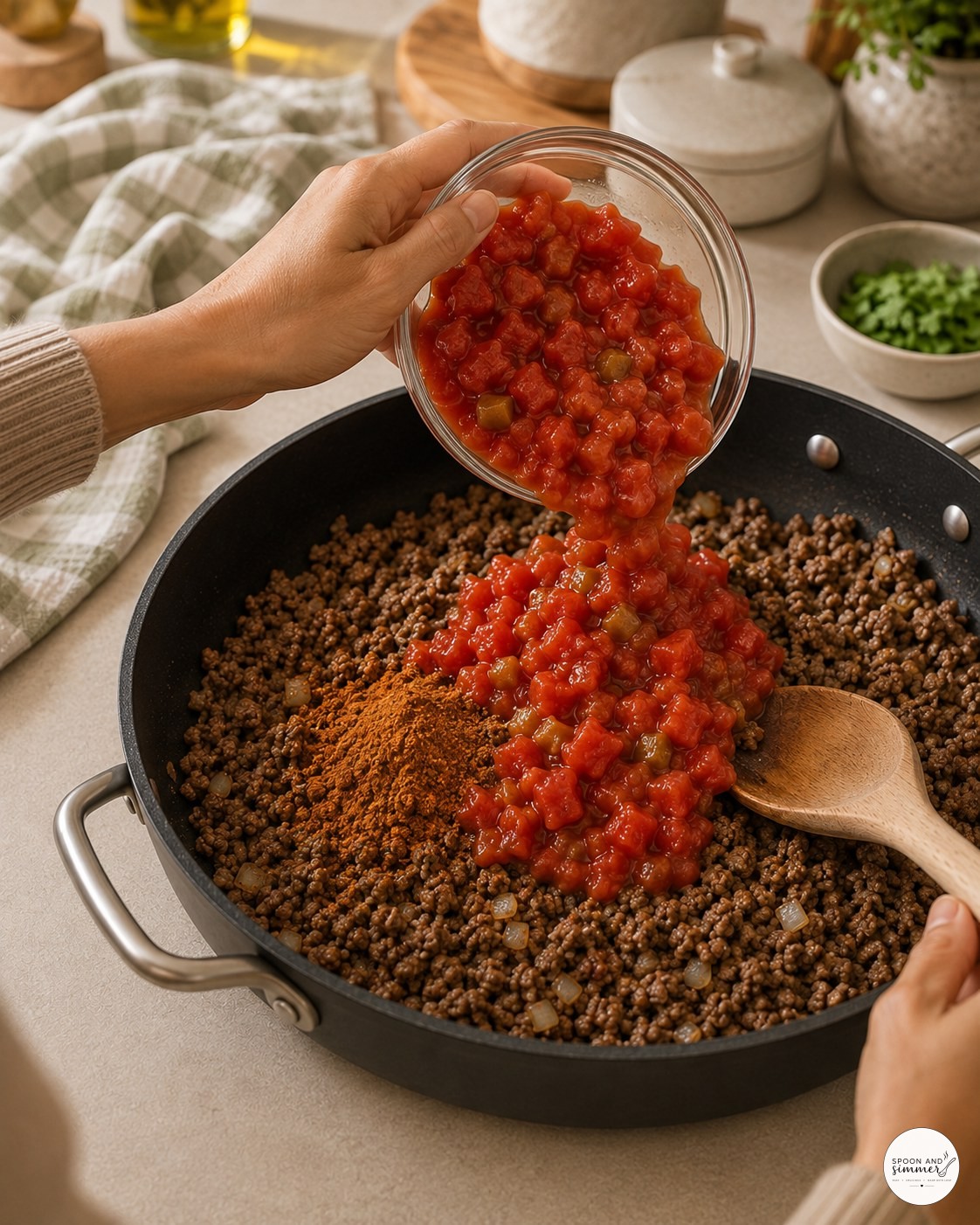 Diced tomatoes with green chiles being poured into a skillet of beef for taco pasta