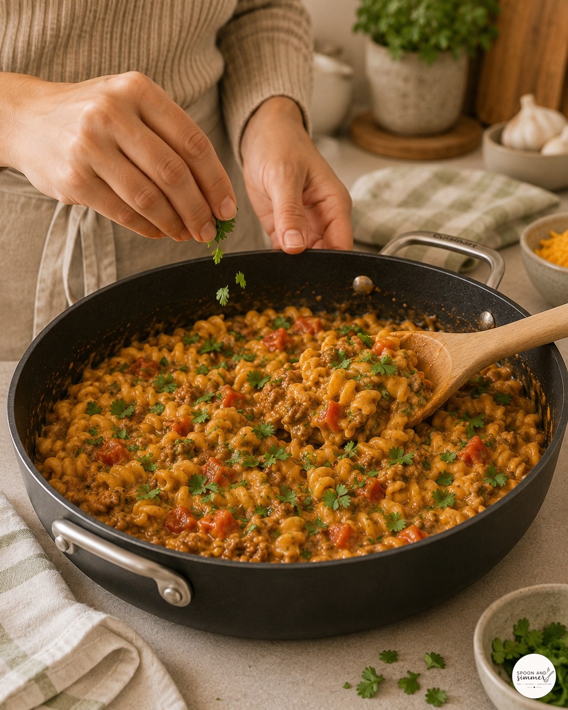Fresh cilantro being sprinkled over finished cheesy taco pasta in a skillet