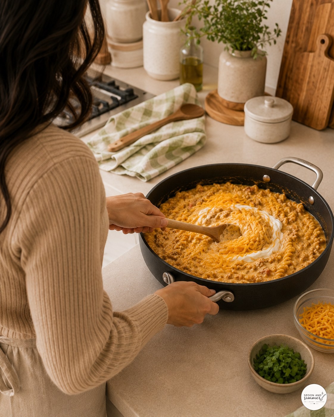 Sour cream swirled over cheesy taco pasta before being folded into the sauce