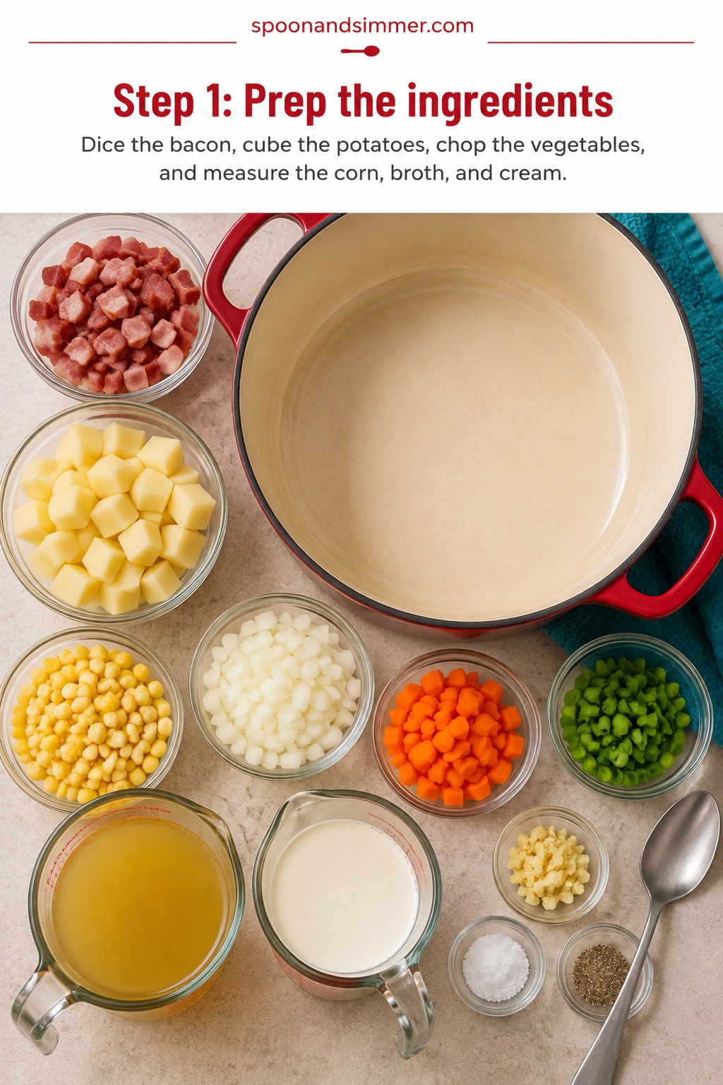 Ingredients for corn chowder with bacon laid out in bowls including diced bacon and corn