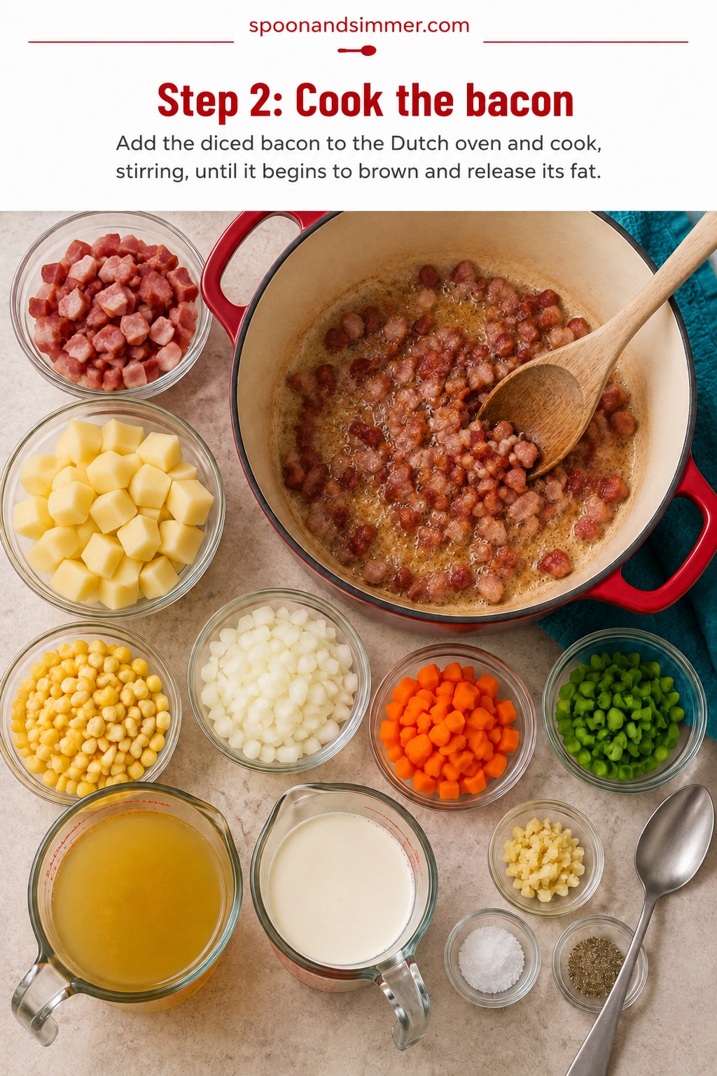 Diced bacon browning in a Dutch oven during the first cooking step for corn chowder with bacon