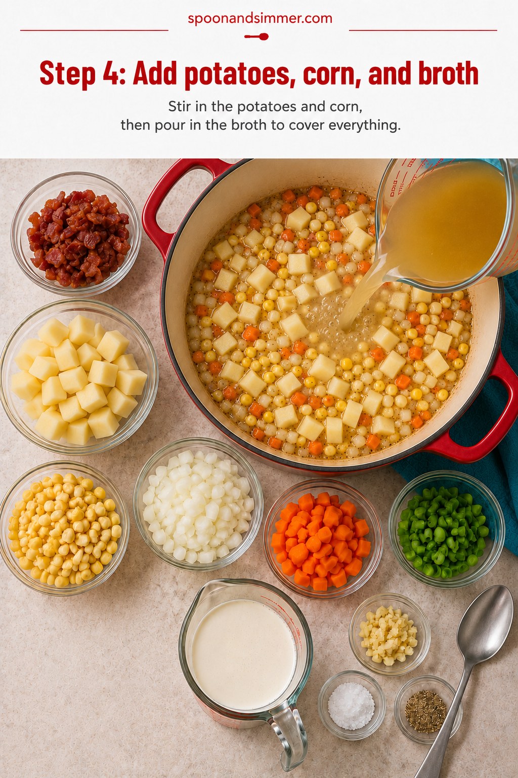 Broth being poured over potatoes and corn kernels in a pot of corn chowder with bacon