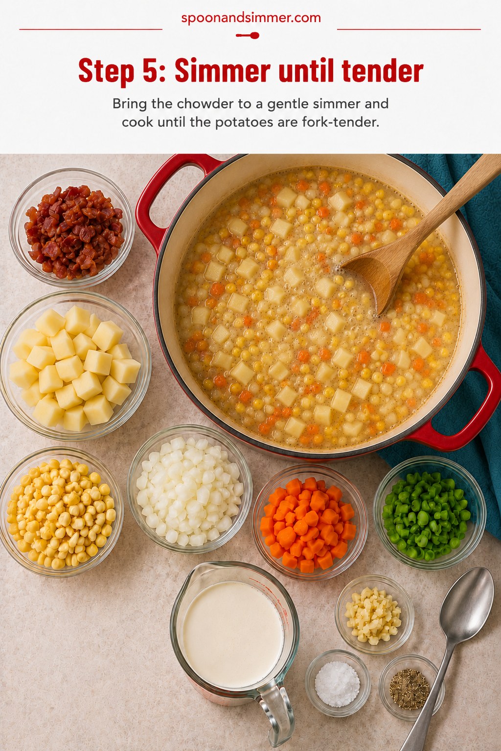 Corn chowder with bacon simmering gently in a red Dutch oven until potatoes turn tender