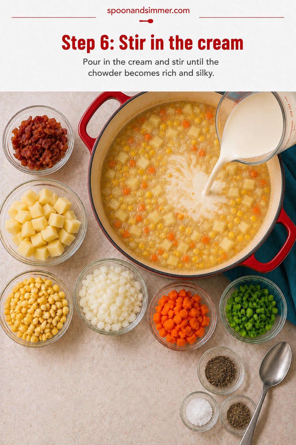 Heavy cream streaming into simmering corn chowder with bacon for a rich, silky finish
