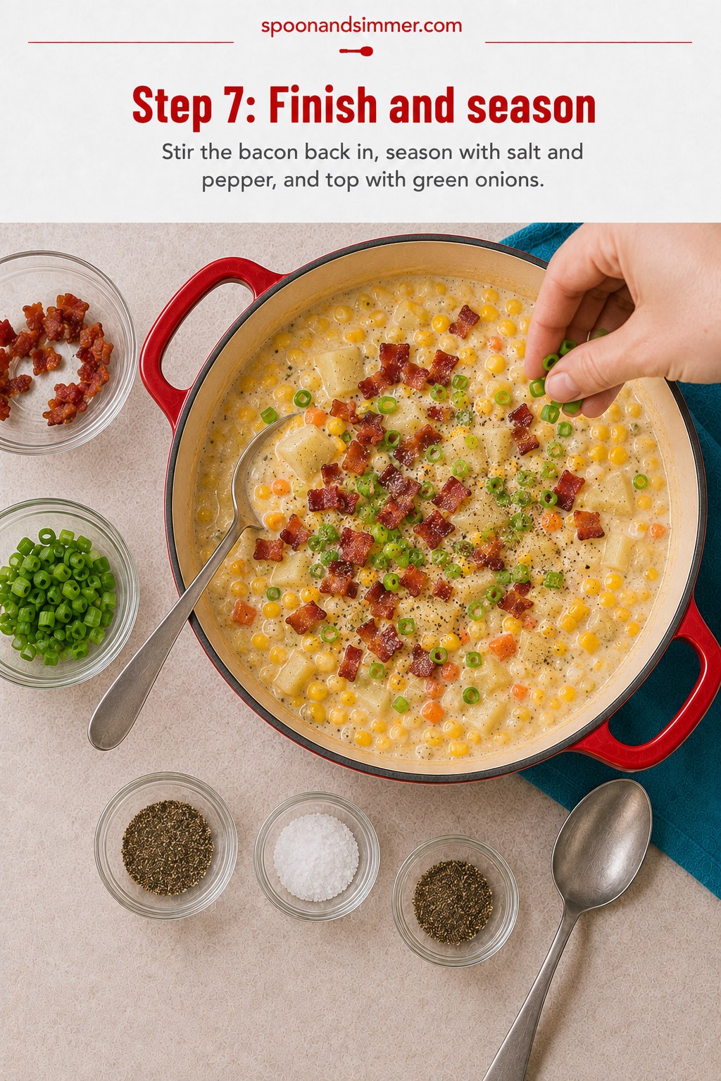 Crispy bacon and sliced green onions scattered over finished corn chowder with bacon